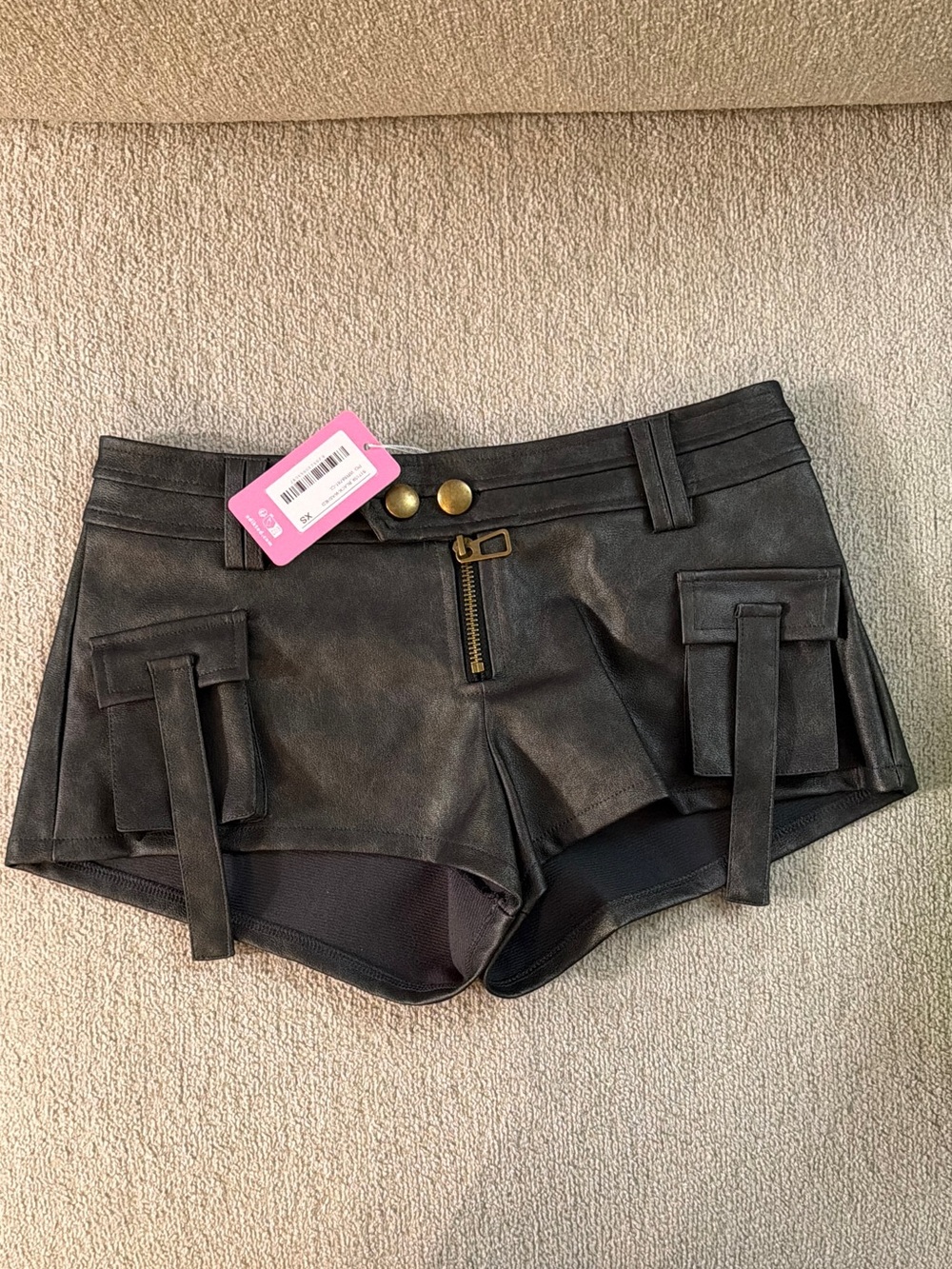 Edikted Black Faux-Leather Cargo Shorts with Gold Accents